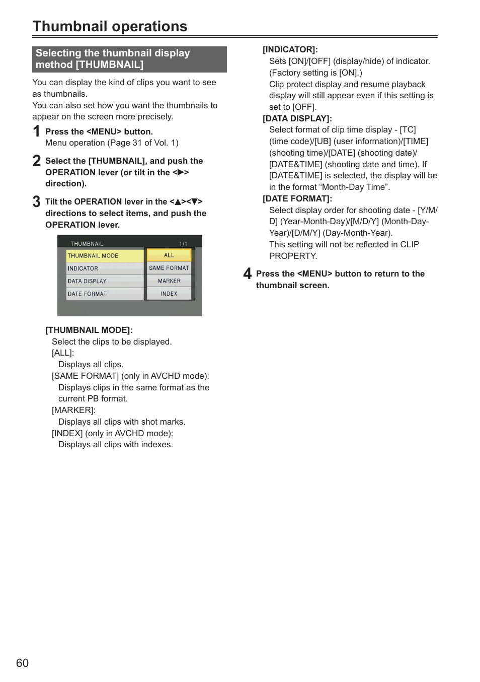 Thumbnail operations, Selecting the thumbnail display method [thumbnail, Selecting the thumbnail display method | Thumbnail | Panasonic AG-AC160AEN User Manual | Page 60 / 110