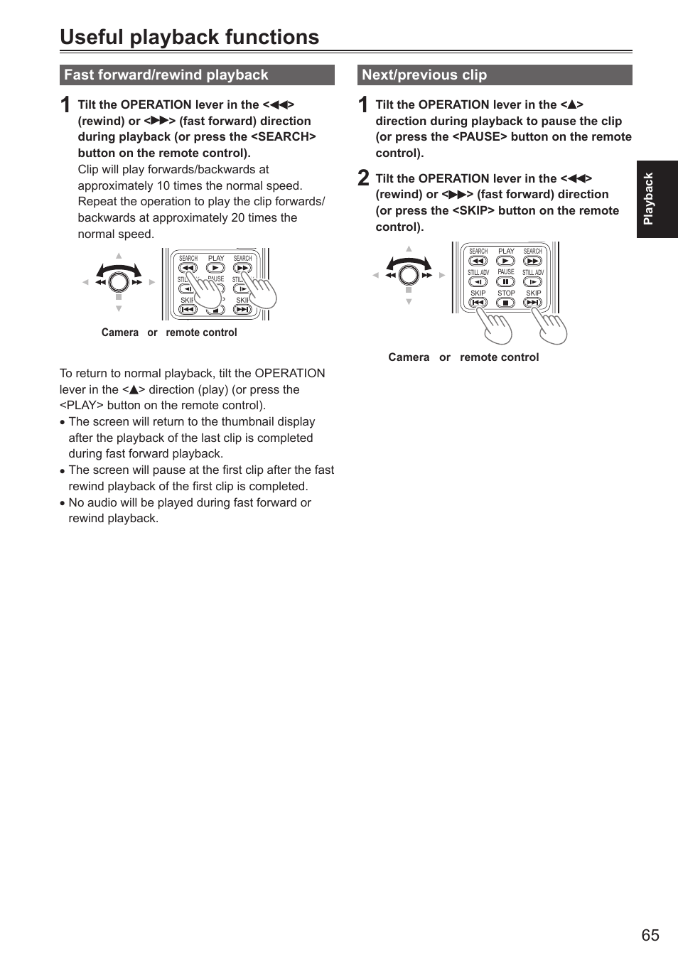 Useful playback functions, Fast forward/rewind playback, Next/previous clip | Fast forward/rewind playback next/previous clip | Panasonic AG-AC160AEN User Manual | Page 65 / 110