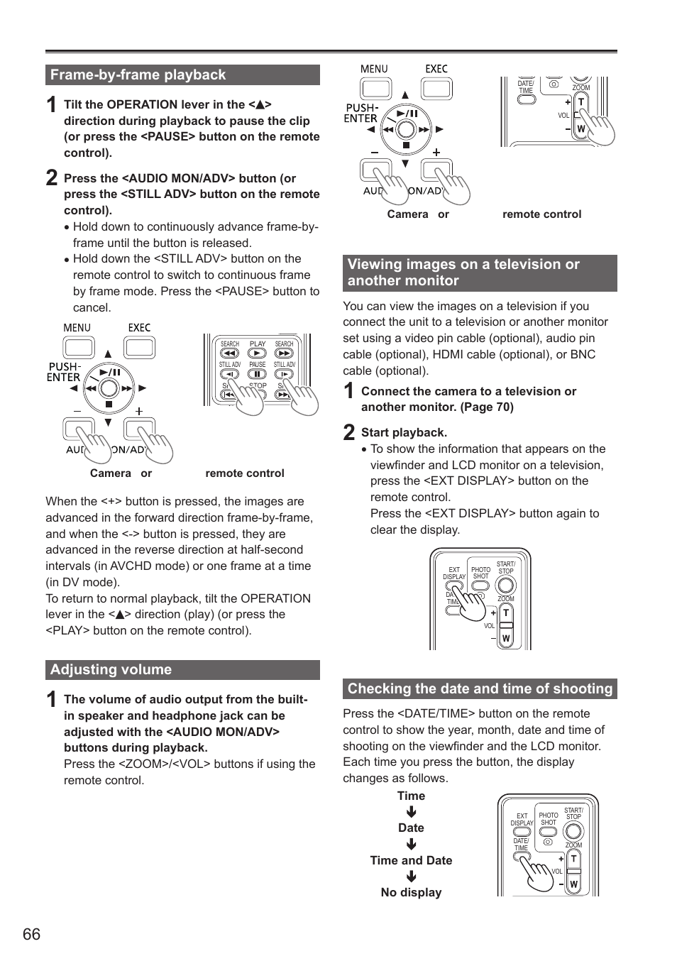 Frame-by-frame playback, Adjusting volume, Viewing images on a television or another monitor | Checking the date and time of shooting, Monitor | Panasonic AG-AC160AEN User Manual | Page 66 / 110