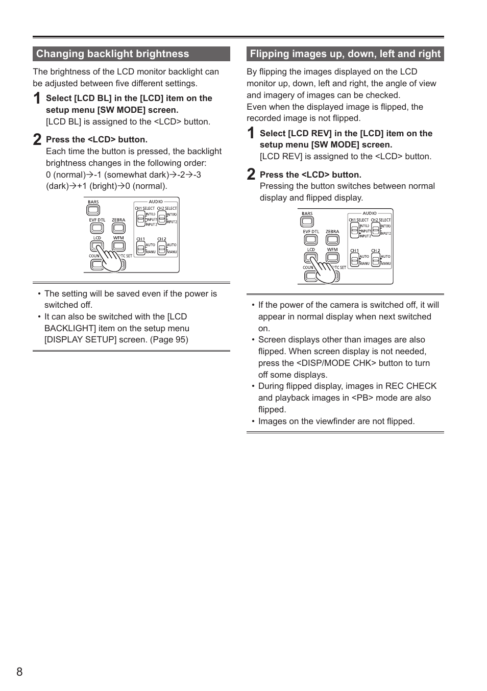 Changing backlight brightness, Flipping images up, down, left and right | Panasonic AG-AC160AEN User Manual | Page 8 / 110