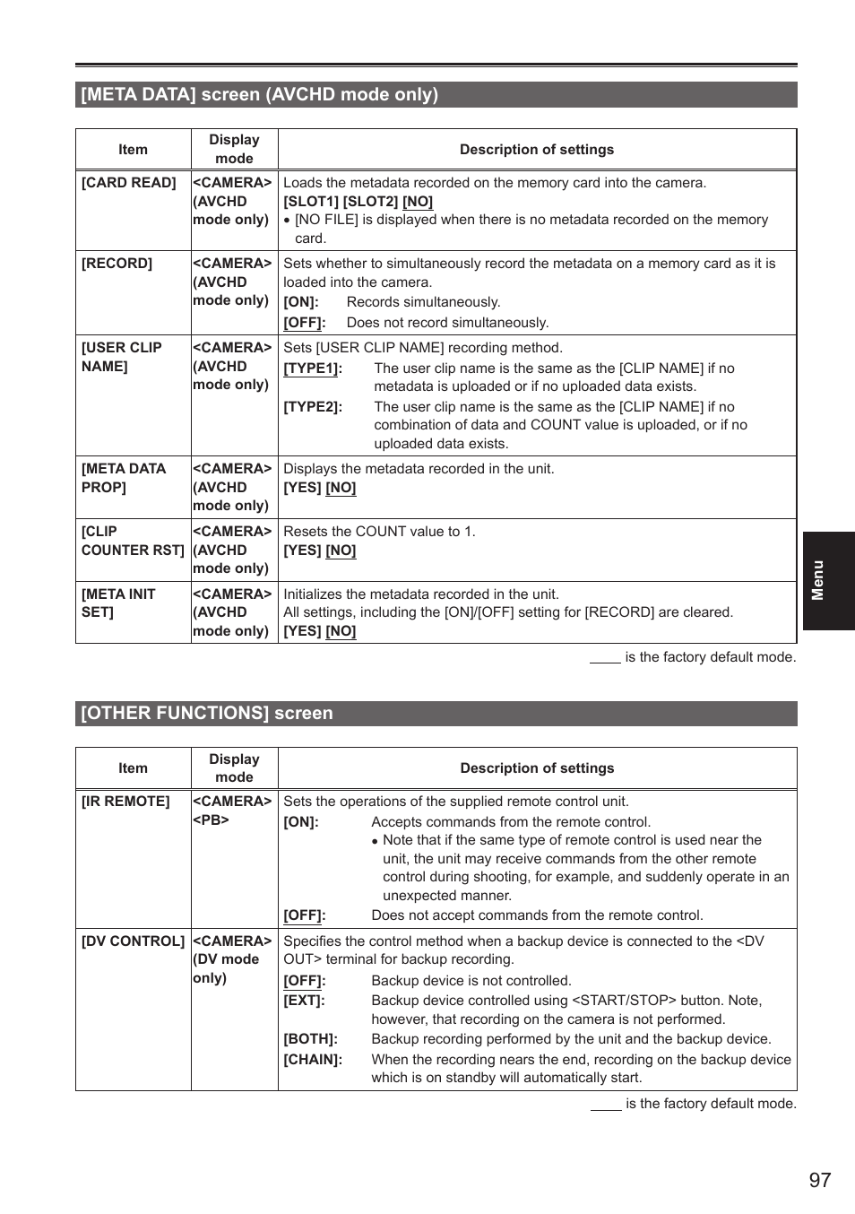 Meta data] screen (avchd mode only), Other functions] screen | Panasonic AG-AC160AEN User Manual | Page 97 / 110