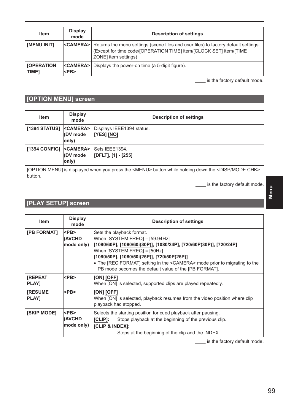 Option menu] screen, Play setup] screen, Option menu] screen [play setup] screen | Panasonic AG-AC160AEN User Manual | Page 99 / 110