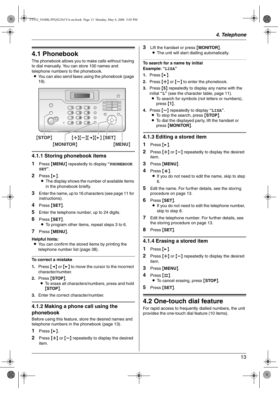 Telephone, Making and answering calls, 1 phonebook | 2 one-touch dial feature, Phonebook, One-touch dial feature, 1 phonebook, 2 one-touch dial feature | Panasonic KX-FT934HK User Manual | Page 13 / 44