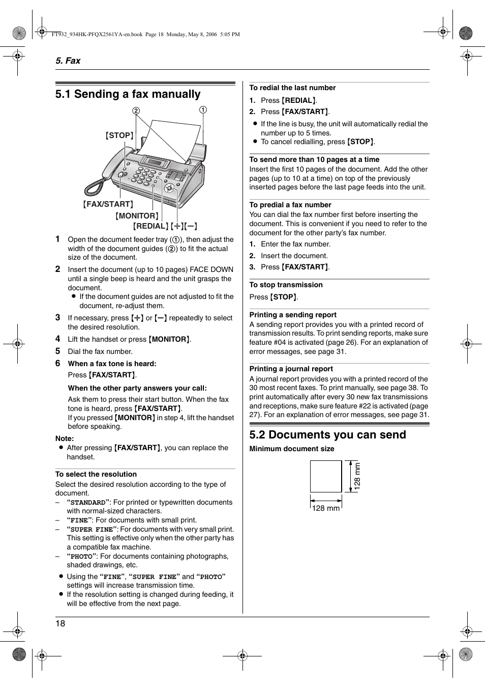 Sending faxes, 1 sending a fax manually, 2 documents you can send | Sending a fax manually, Documents you can send, 1 sending a fax manually, 2 documents you can send | Panasonic KX-FT934HK User Manual | Page 18 / 44