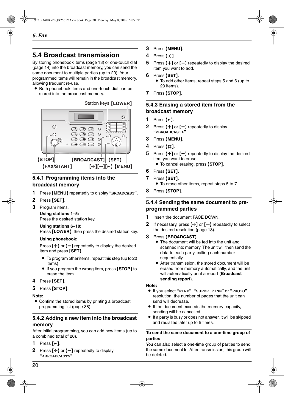 4 broadcast transmission, Broadcast transmission, 4 broadcast transmission | Panasonic KX-FT934HK User Manual | Page 20 / 44