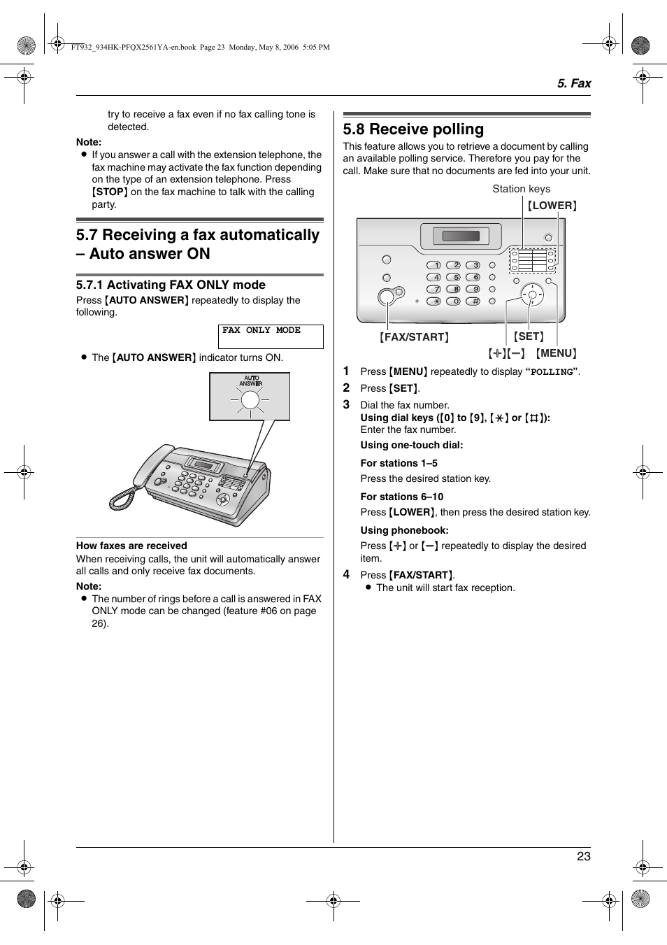 7 receiving a fax automatically – auto answer on, 8 receive polling, Receiving a fax automatically – auto answer | Receive polling, 7 receiving a fax automatically – auto answer on, 8 receive polling | Panasonic KX-FT934HK User Manual | Page 23 / 44