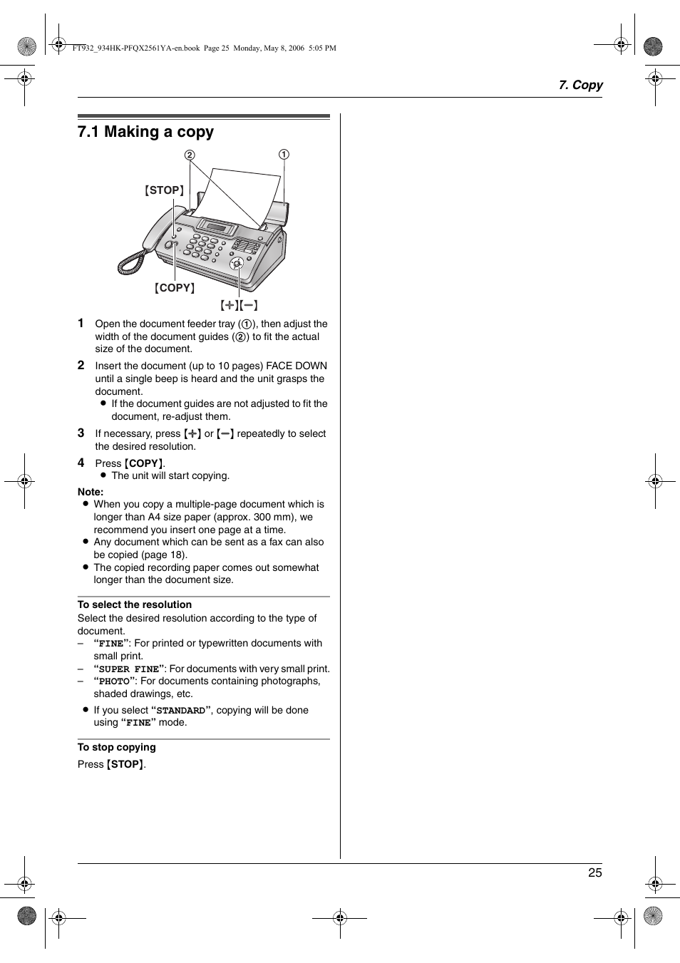Copy, Copying, 1 making a copy | Making a copy, 1 making a copy | Panasonic KX-FT934HK User Manual | Page 25 / 44