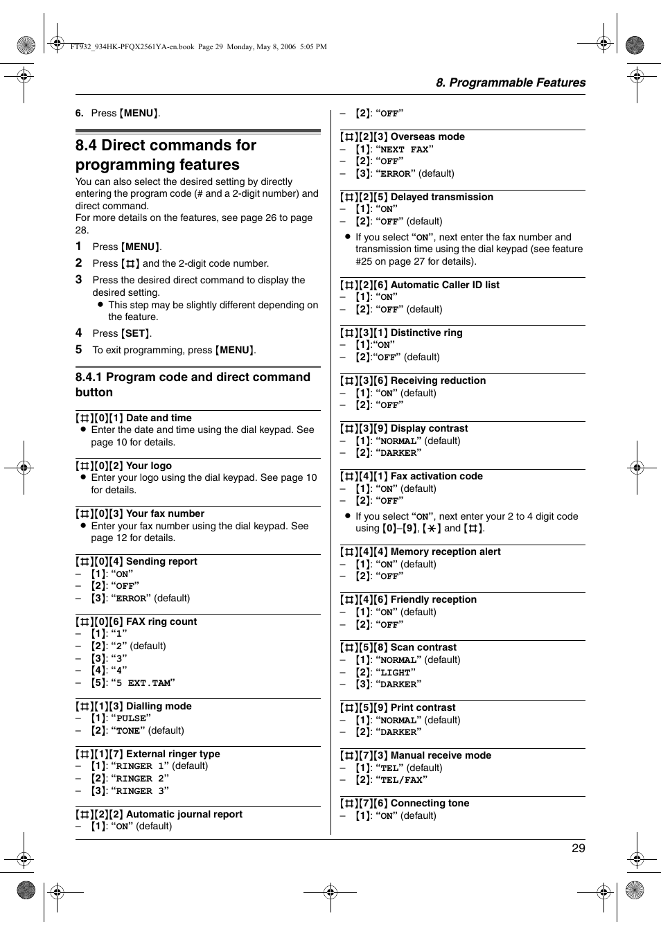 4 direct commands for programming features, Direct commands for programming features, 4 direct commands for programming features | Panasonic KX-FT934HK User Manual | Page 29 / 44