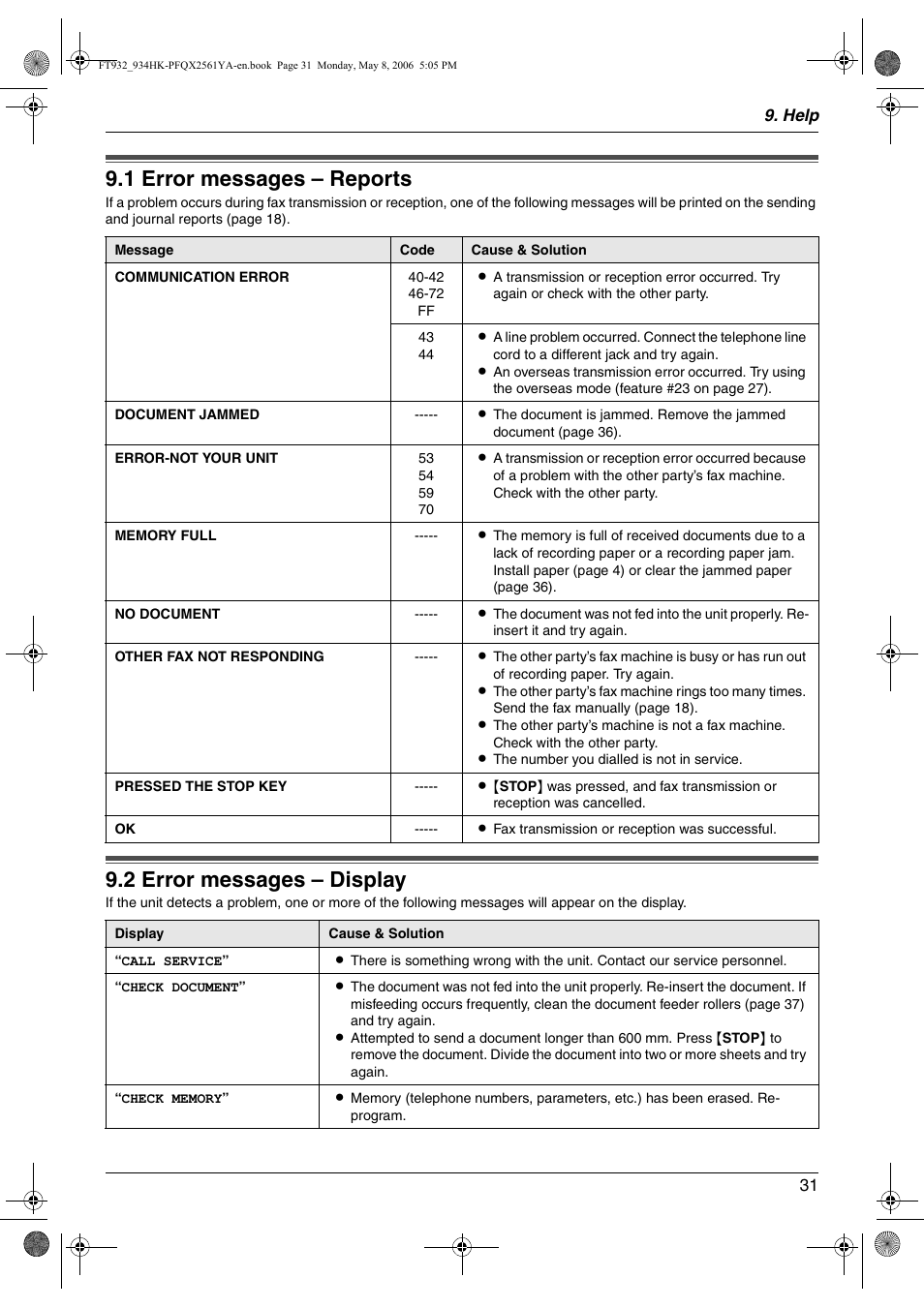 Help, 1 error messages – reports, 2 error messages – display | Error messages, Error messages – reports, Error messages – display, 1 error messages – reports, 2 error messages – display | Panasonic KX-FT934HK User Manual | Page 31 / 44