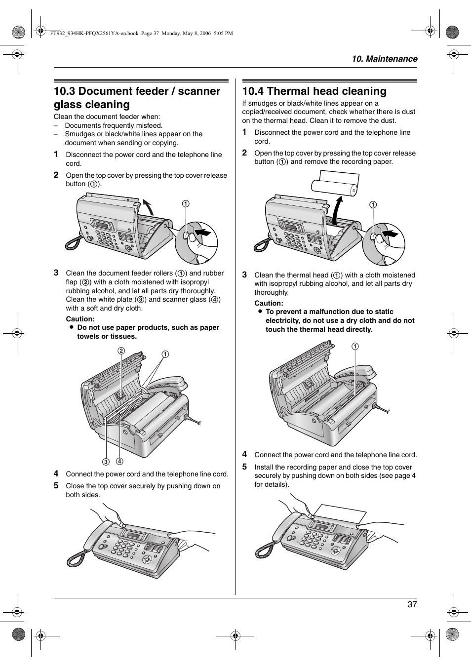 Cleaning, 3 document feeder / scanner glass cleaning, 4 thermal head cleaning | Document feeder / scanner glass cleaning, Thermal head cleaning, 3 document feeder / scanner glass cleaning, 4 thermal head cleaning | Panasonic KX-FT934HK User Manual | Page 37 / 44