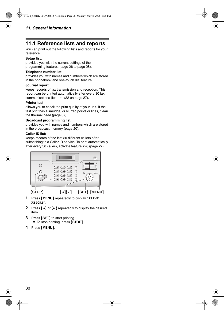 General information, Printed reports, 1 reference lists and reports | Reference lists and reports, 1 reference lists and reports | Panasonic KX-FT934HK User Manual | Page 38 / 44