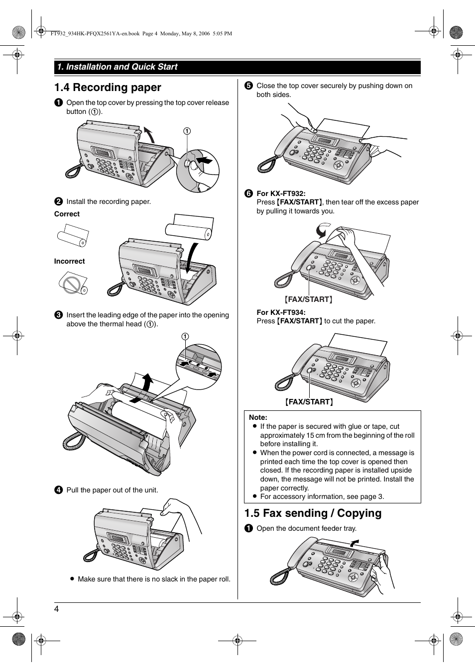 4 recording paper, Quick start, 5 fax sending / copying | Recording paper, Fax sending / copying, 4 recording paper, 5 fax sending / copying | Panasonic KX-FT934HK User Manual | Page 4 / 44