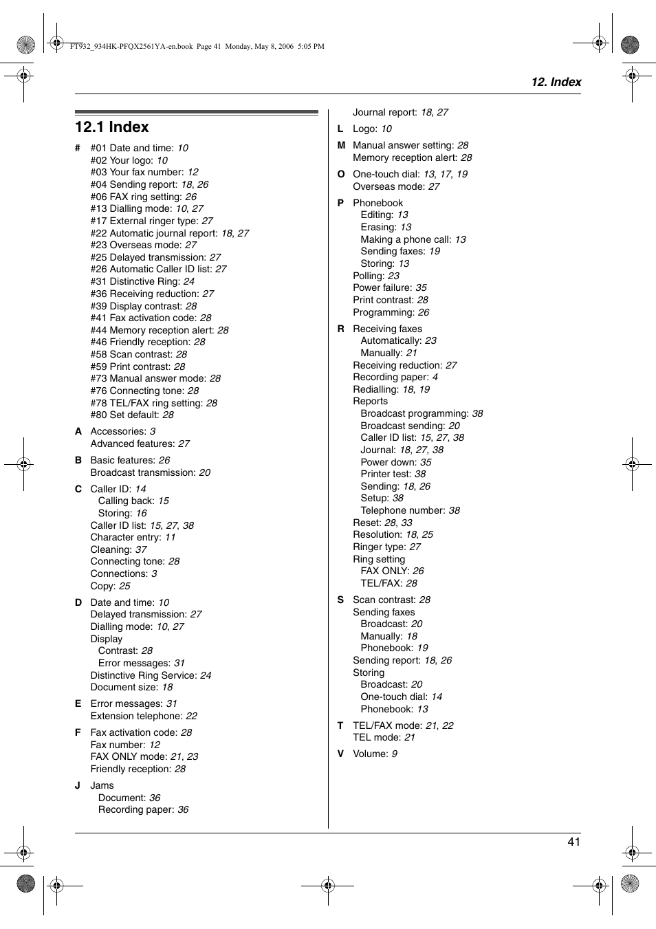Index, 1 index | Panasonic KX-FT934HK User Manual | Page 41 / 44
