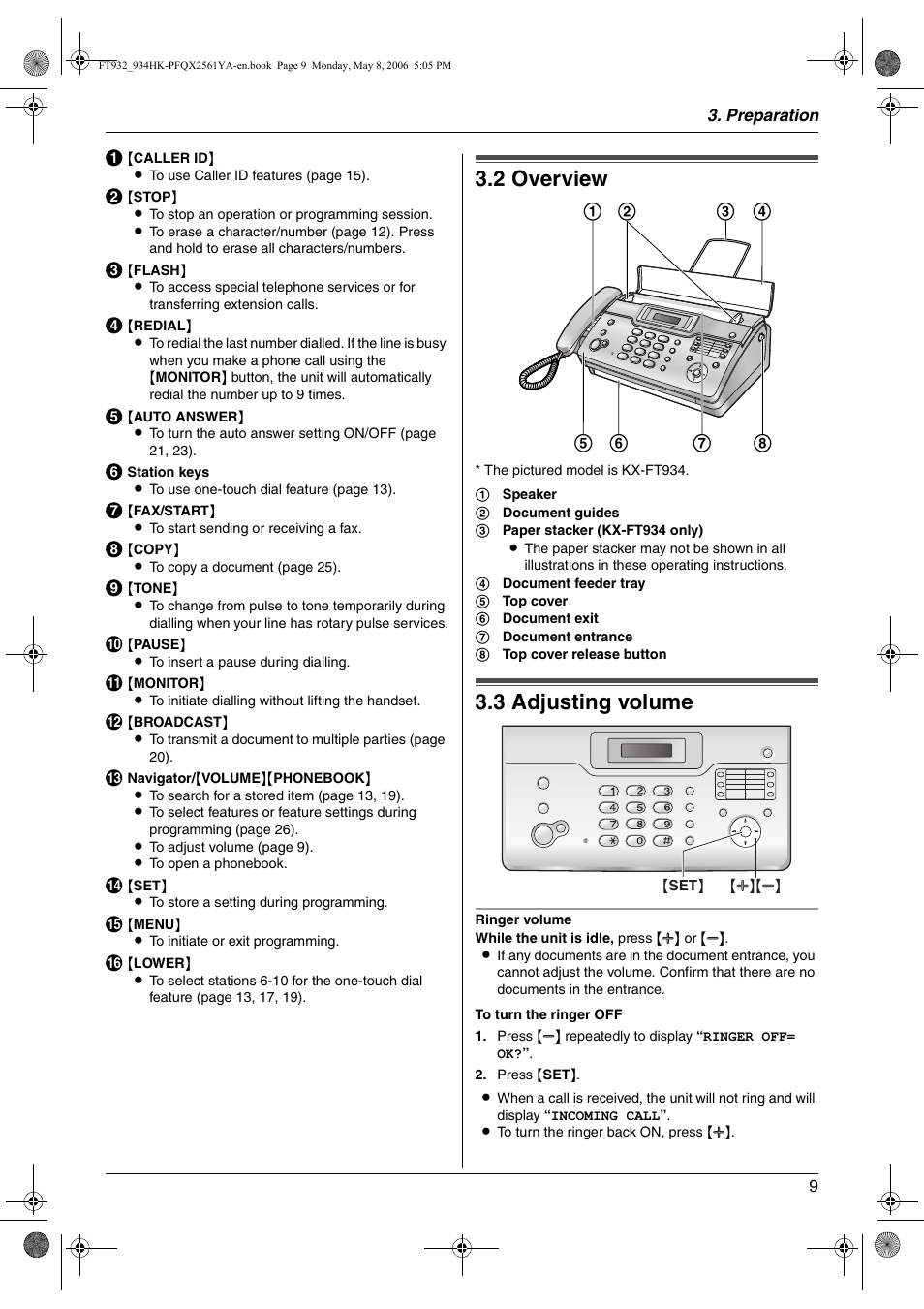 Finding the controls, 2 overview, Volume | 3 adjusting volume, Overview, Adjusting volume, 2 overview, 3 adjusting volume | Panasonic KX-FT934HK User Manual | Page 9 / 44