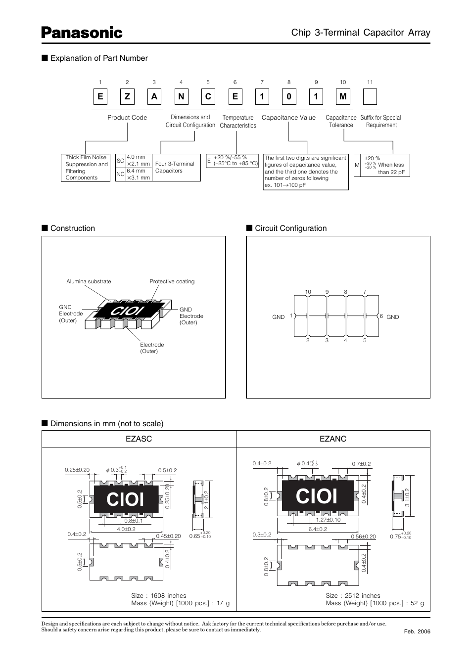 Cioi, Chip 3-terminal capacitor array, Ezasc ezanc | Explanation of part number, Construction, Circuit confi guration, Dimensions in mm (not to scale) | Panasonic EZASC User Manual | Page 2 / 6