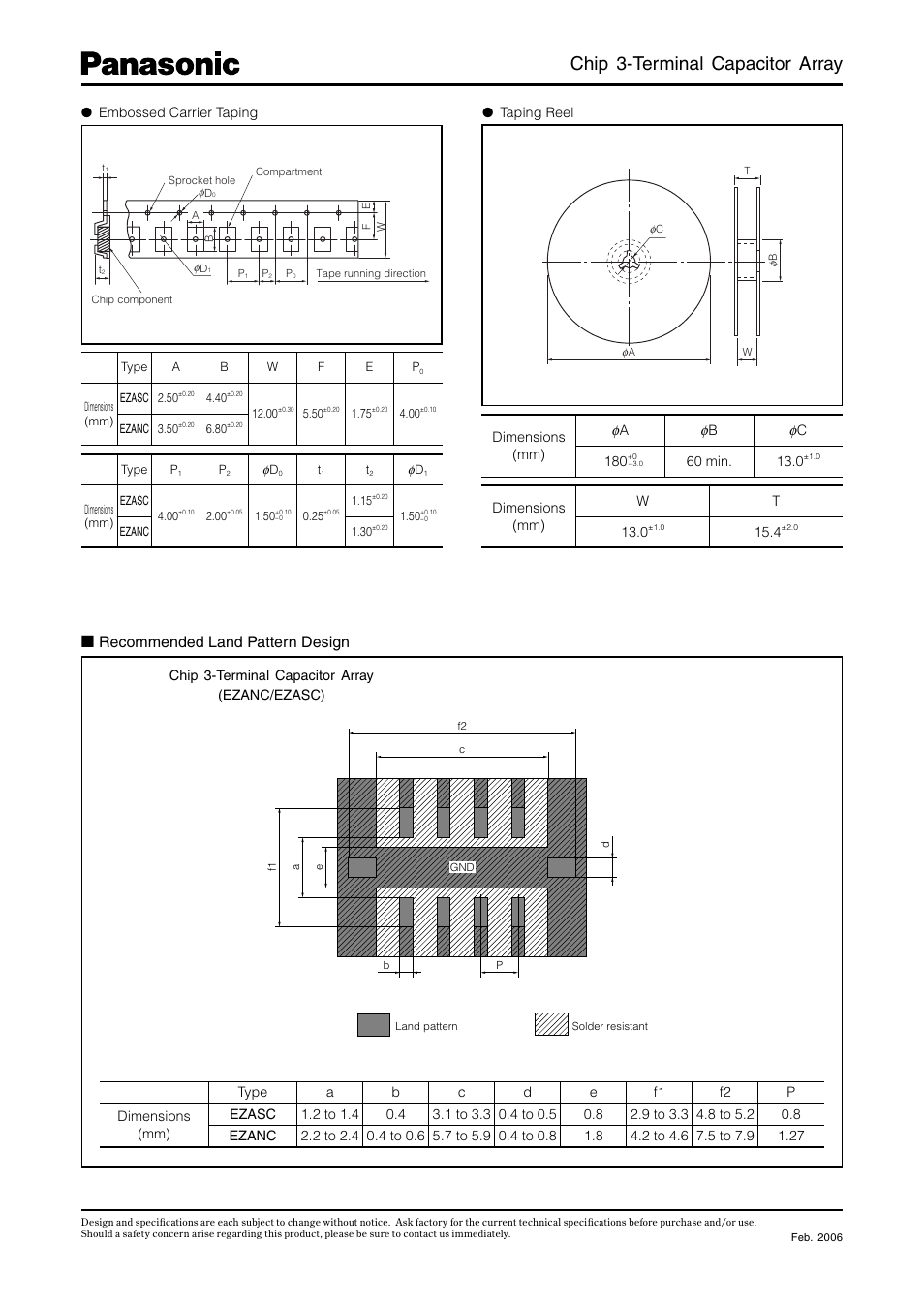 Chip 3-terminal capacitor array, Recommended land pattern design | Panasonic EZASC User Manual | Page 4 / 6