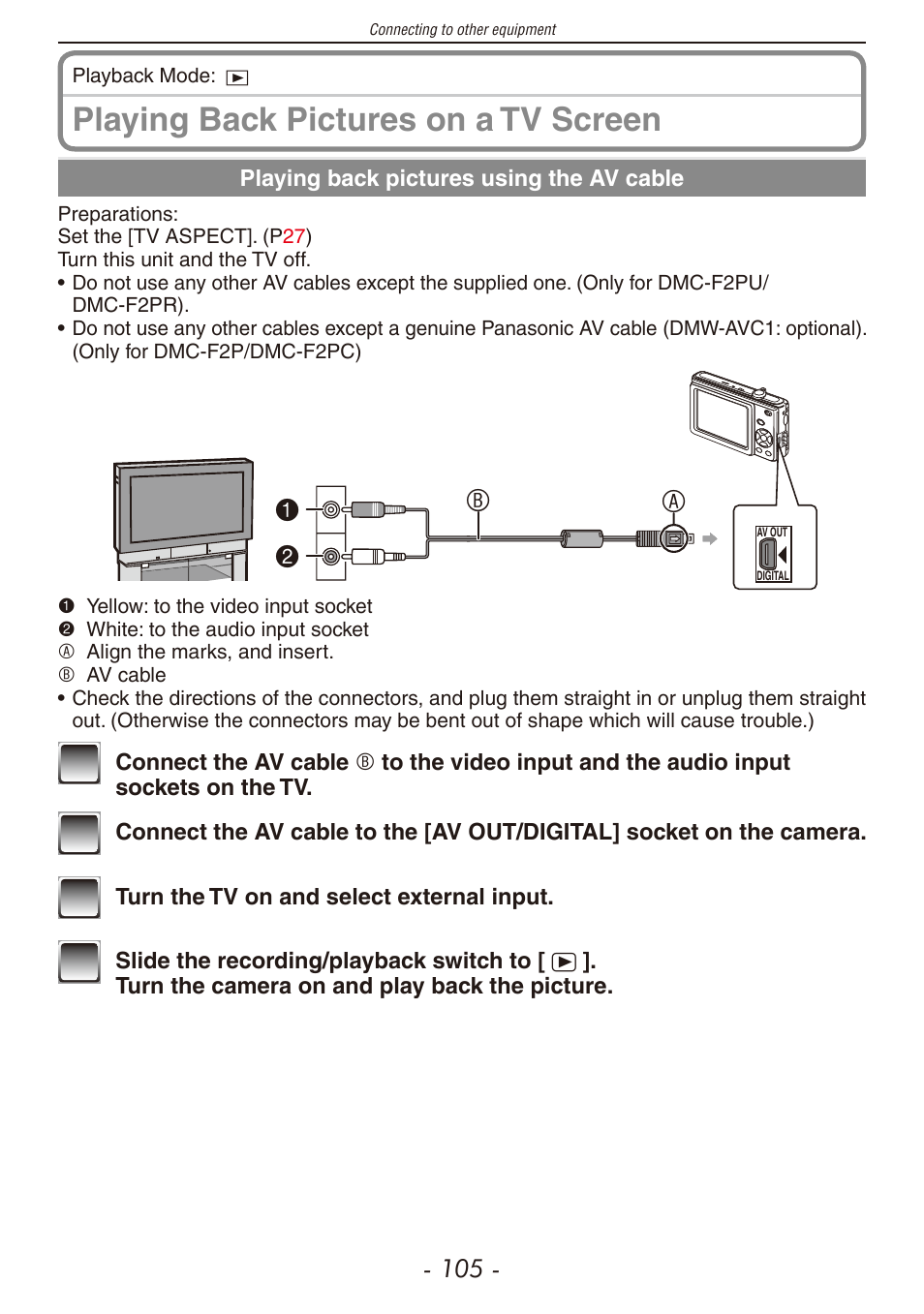 Playing back pictures on a tv screen, B1 2 a | Panasonic DMC-F2 User Manual | Page 105 / 130