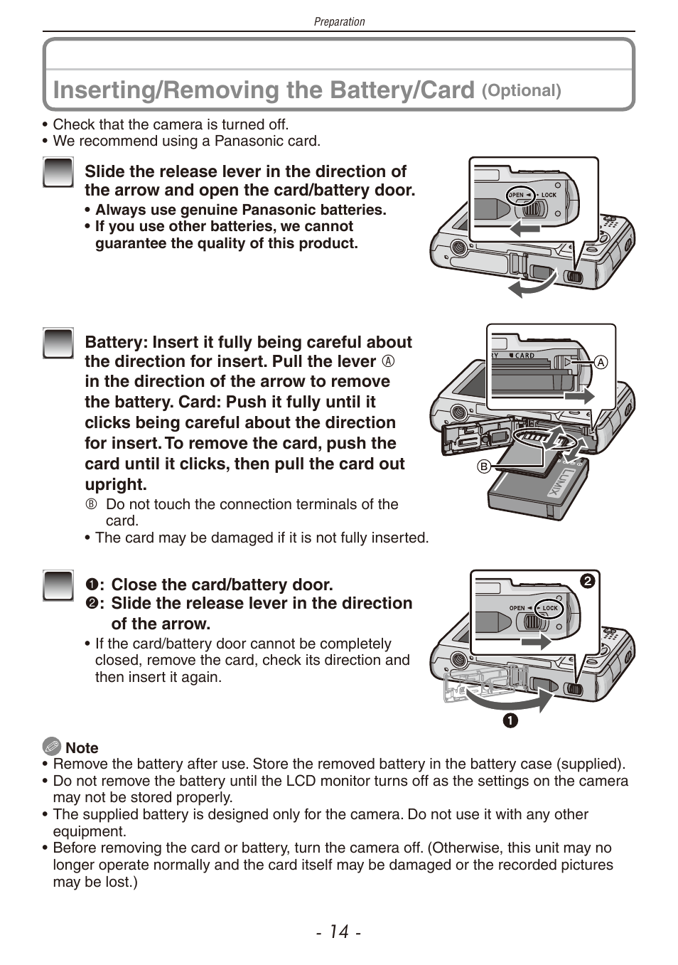 Y door (p, Er (p, Inserting/removing the battery/card | Panasonic DMC-F2 User Manual | Page 14 / 130