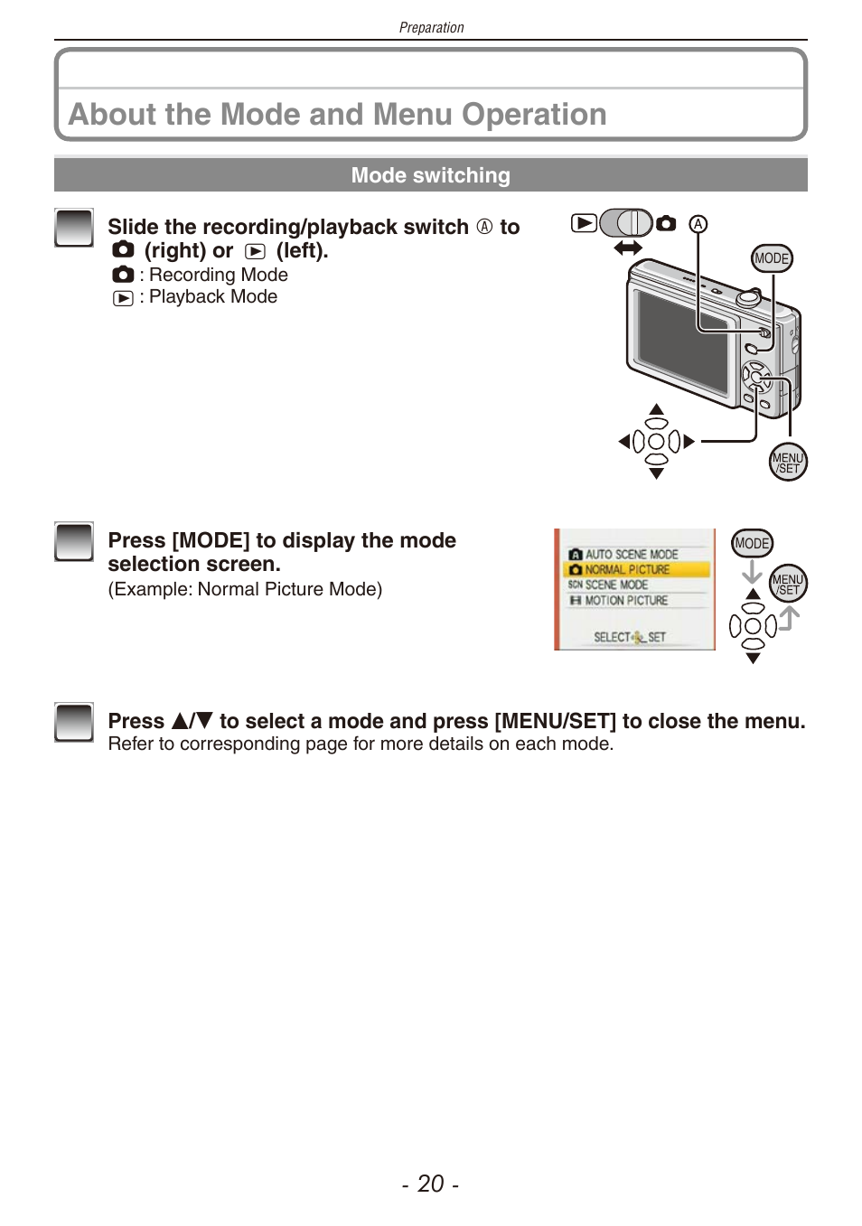 Witch (p, Utton (p, About the mode and menu operation | Panasonic DMC-F2 User Manual | Page 20 / 130