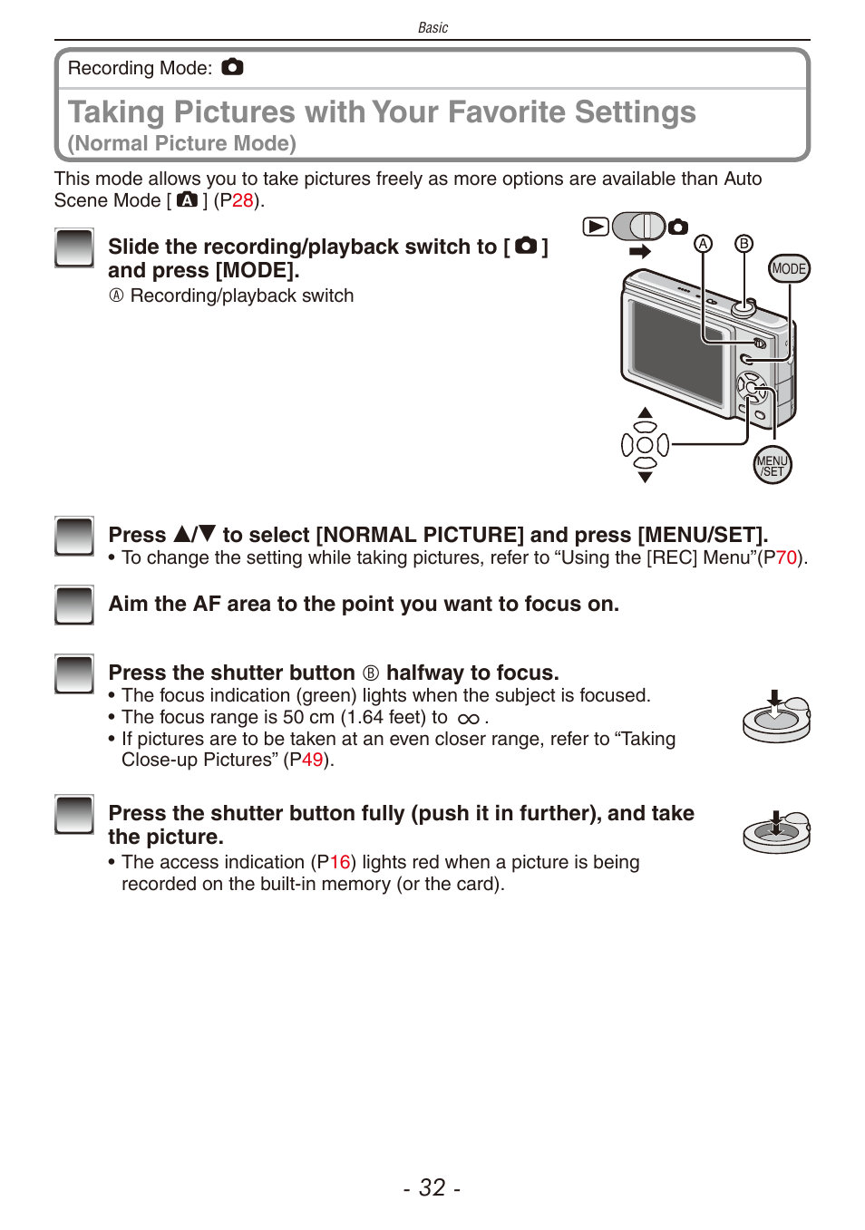 Taking pictures with your favorite settings | Panasonic DMC-F2 User Manual | Page 32 / 130