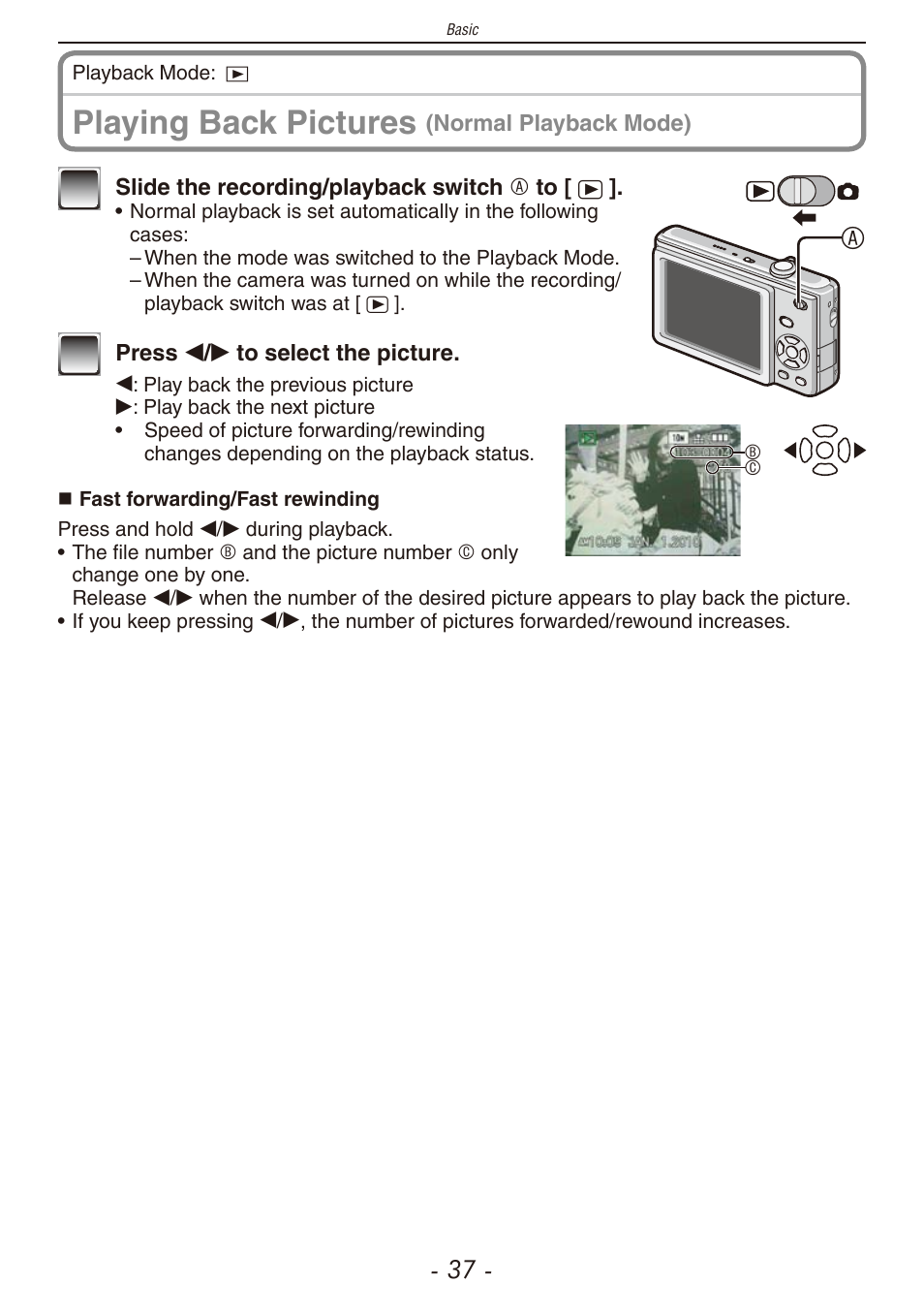 Playing back pictures | Panasonic DMC-F2 User Manual | Page 37 / 130