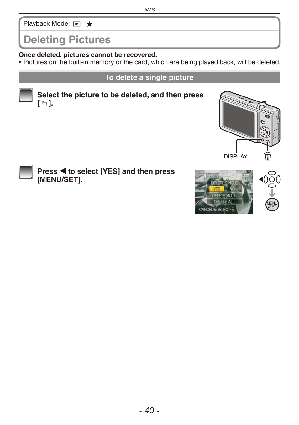 Delete (p, Deleting pictures | Panasonic DMC-F2 User Manual | Page 40 / 130