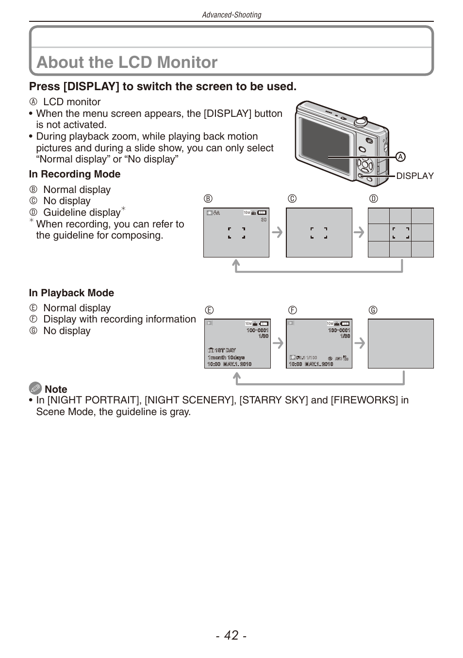 Lcd monitor (p, Utton (p, About the lcd monitor | Press [display] to switch the screen to be used, Bc d, Ef g, Bnormal display c no display d guideline display | Panasonic DMC-F2 User Manual | Page 42 / 130