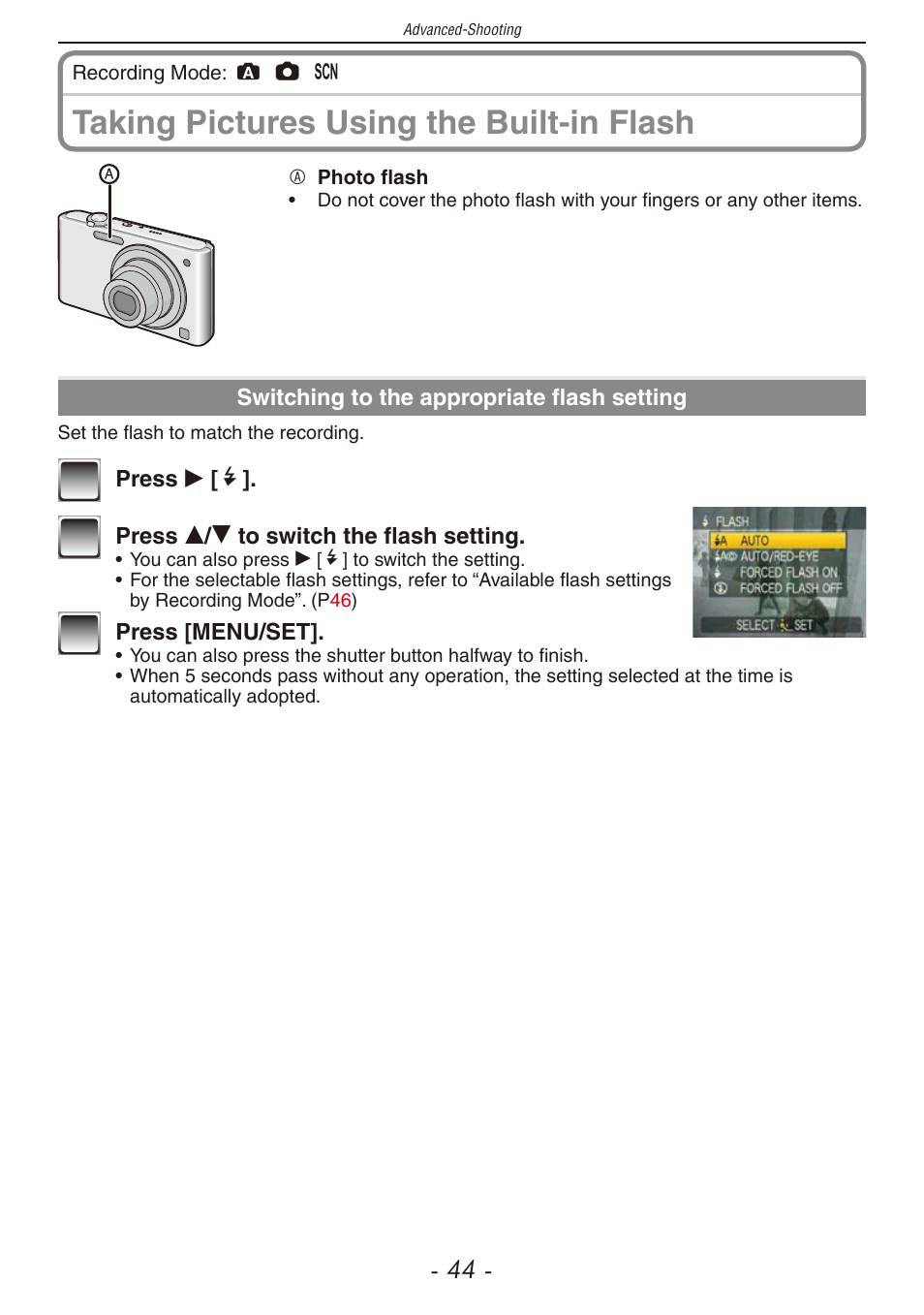 Flash (p, Utton (p, Flash] (p | Taking pictures using the built-in flash | Panasonic DMC-F2 User Manual | Page 44 / 130