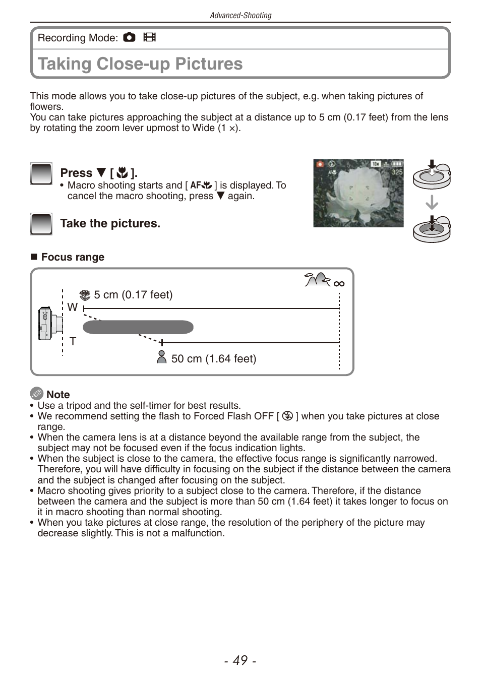 Utton (p, Taking close-up pictures | Panasonic DMC-F2 User Manual | Page 49 / 130
