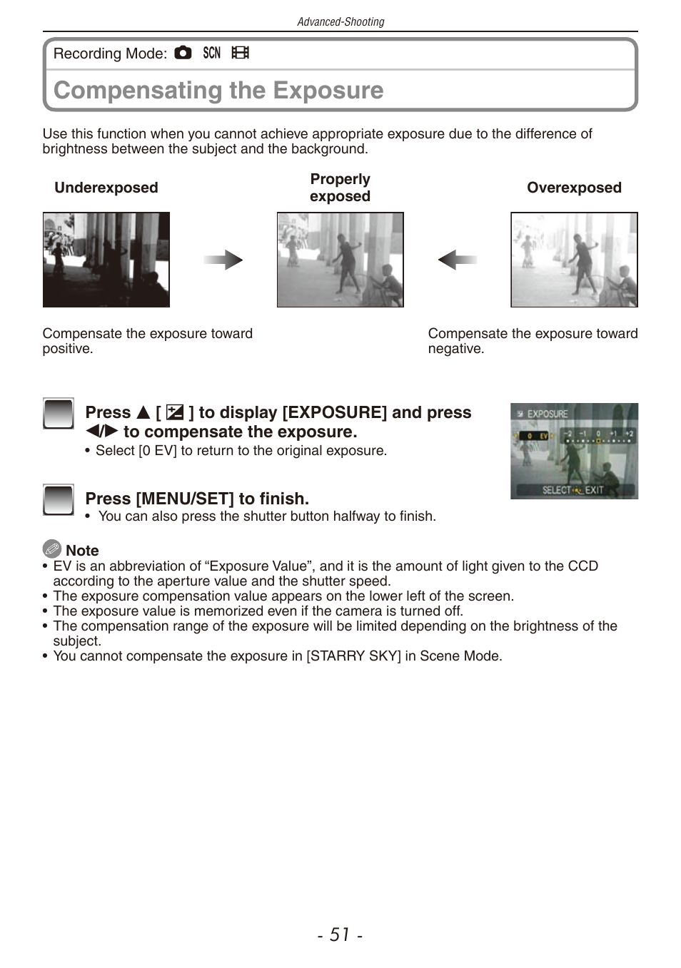 Exposure compensation (p, Dark (p, Compensating the exposure | Panasonic DMC-F2 User Manual | Page 51 / 130
