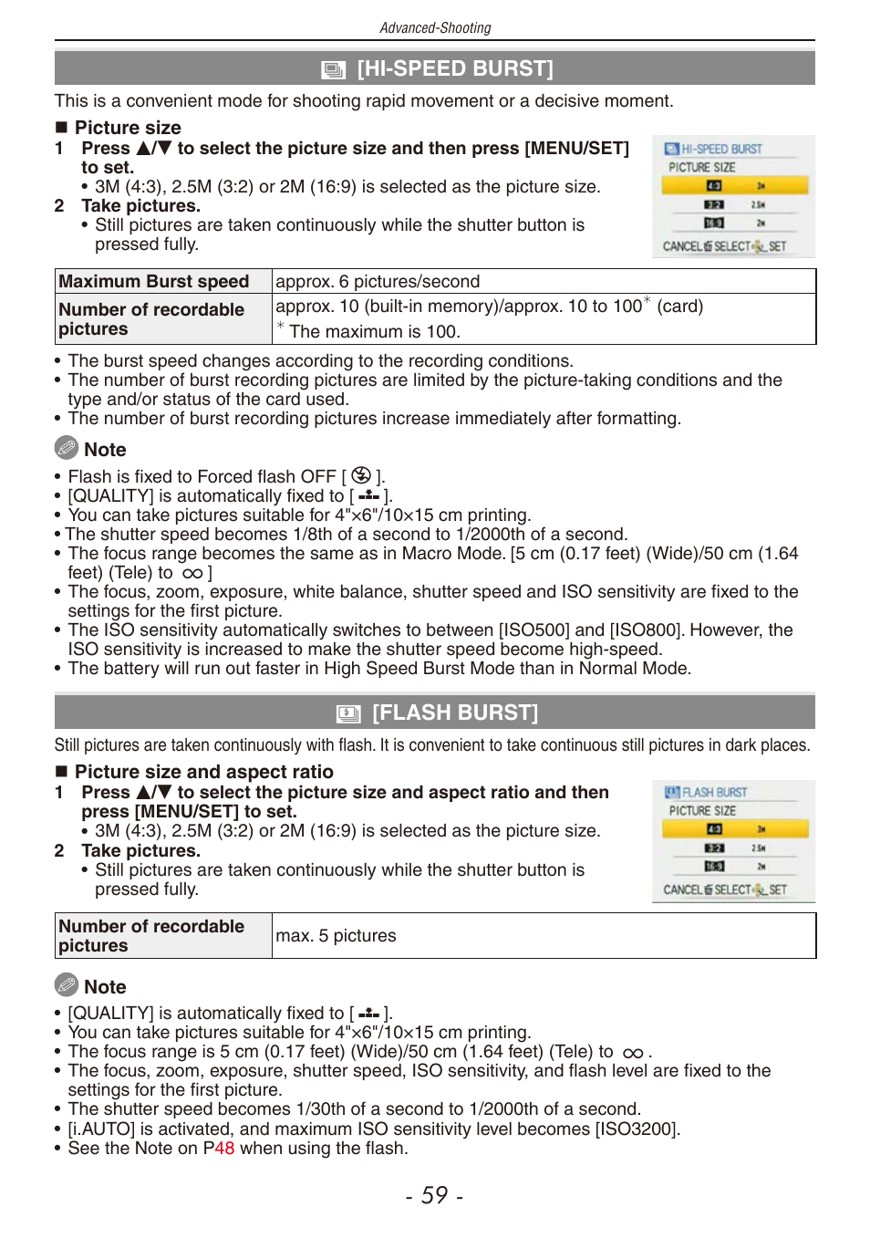 X [hi-speed burst, G [flash burst | Panasonic DMC-F2 User Manual | Page 59 / 130