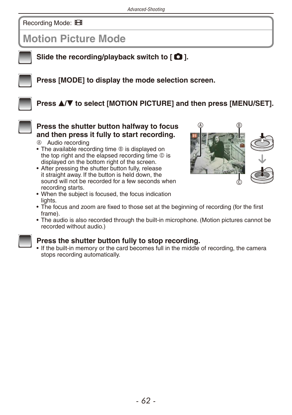 Microphone (p, Motion picture mode | Panasonic DMC-F2 User Manual | Page 62 / 130