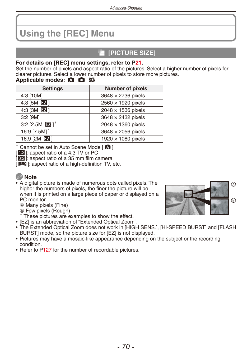 P70 to 78, U”(p, Is selected | Using the [rec] menu, G[picture size | Panasonic DMC-F2 User Manual | Page 70 / 130