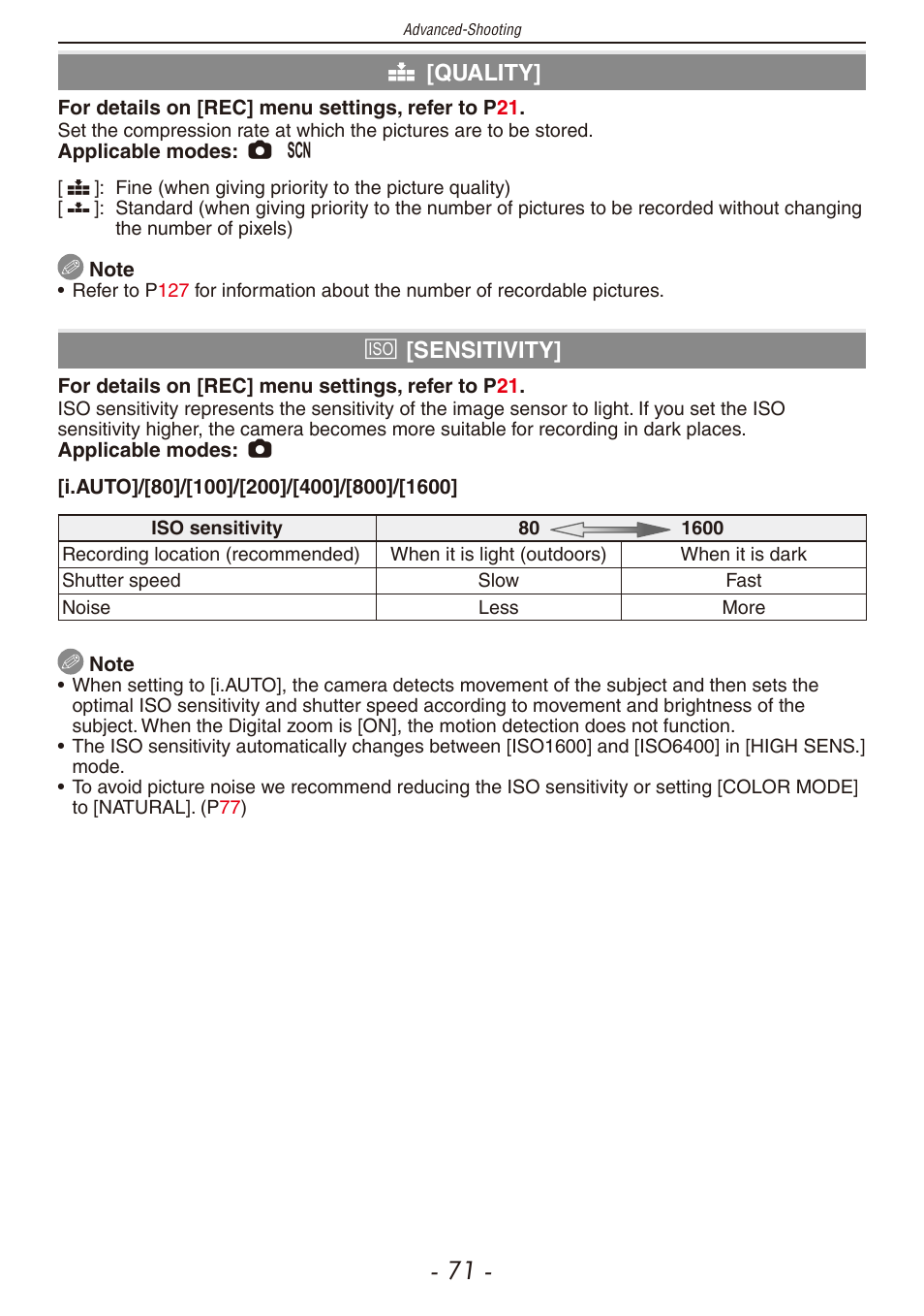 Ality] (p, Sensitivity] (p | Panasonic DMC-F2 User Manual | Page 71 / 130