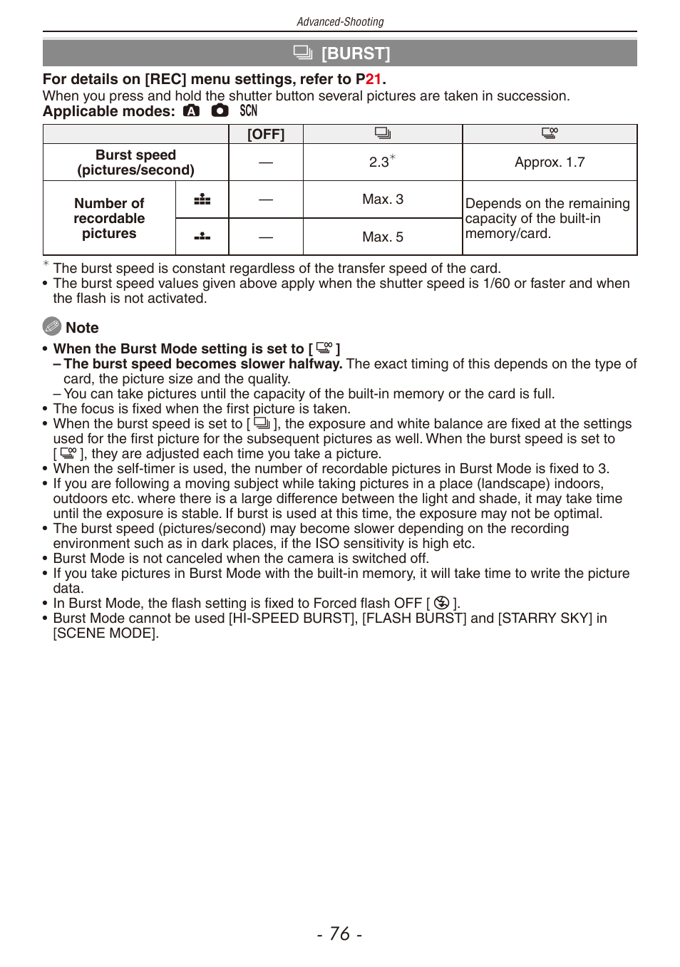 Urst] (p, Color mode, Burst | Panasonic DMC-F2 User Manual | Page 76 / 130