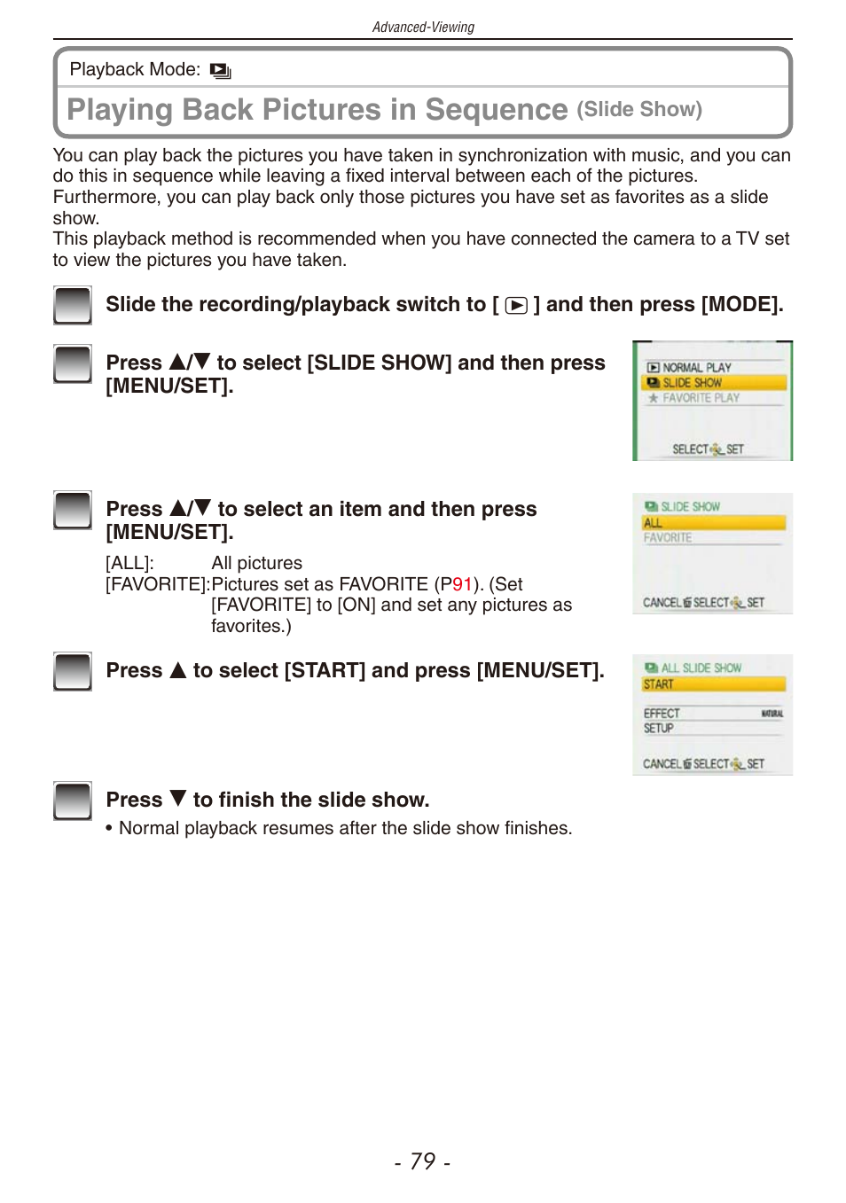 Playing back pictures in sequence | Panasonic DMC-F2 User Manual | Page 79 / 130