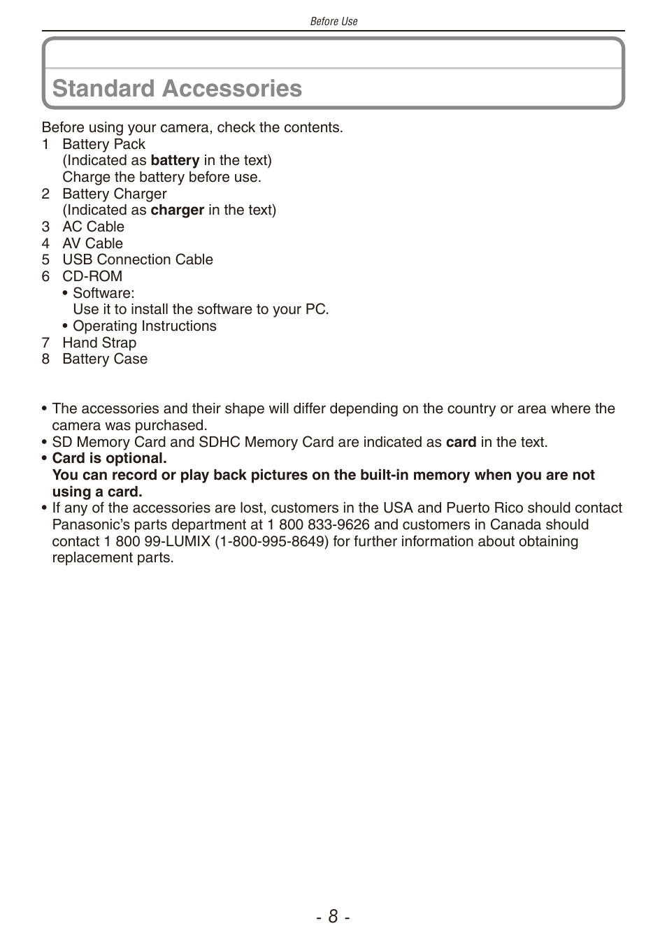 Standard accessories | Panasonic DMC-F2 User Manual | Page 8 / 130