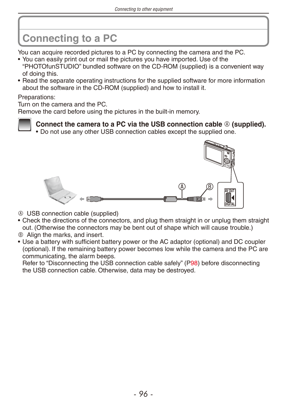 Et (p, A on the pc (p, Connecting to a pc | Panasonic DMC-F2 User Manual | Page 96 / 130