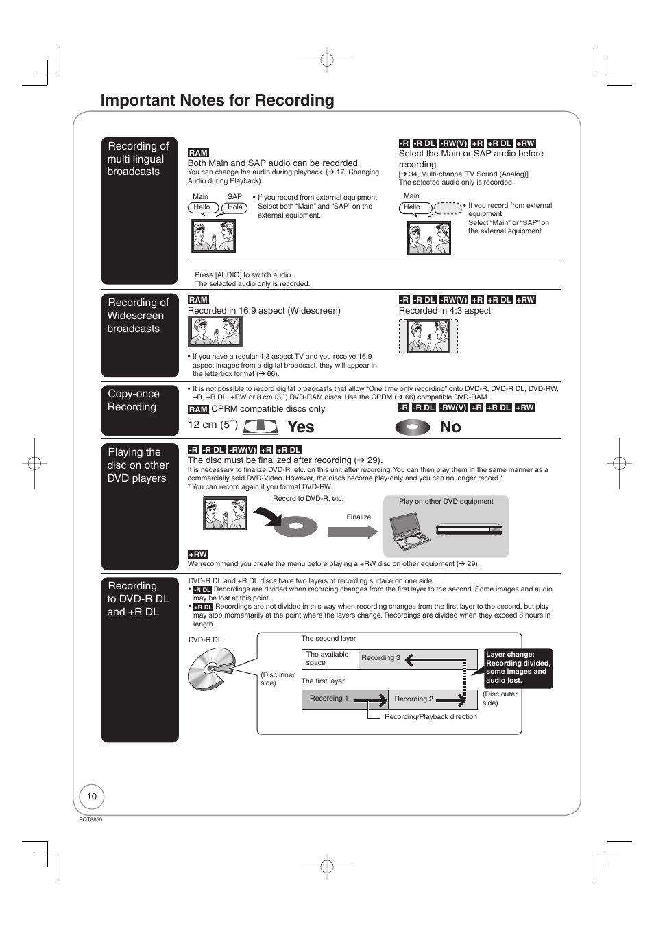 Advanced features, Important notes for recording, Yes no | Panasonic DMR-EZ17 User Manual | Page 10 / 72