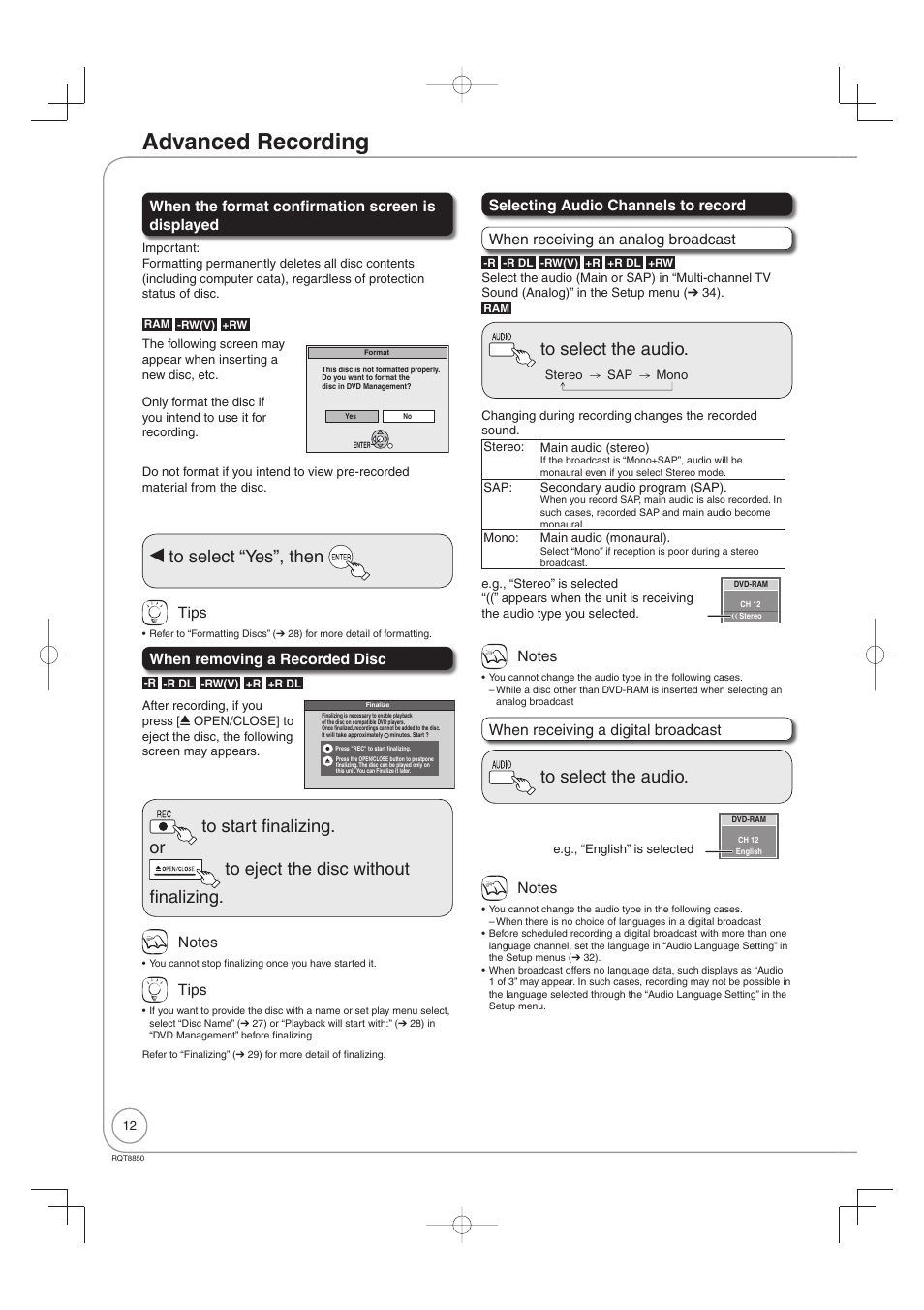 Advanced recording, W to select “yes”, then | Panasonic DMR-EZ17 User Manual | Page 12 / 72