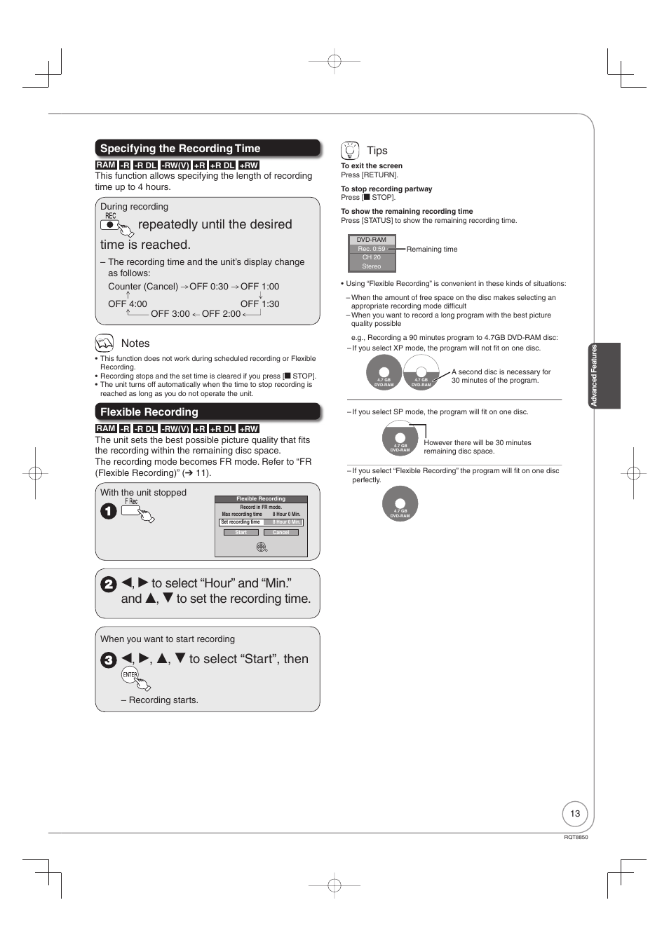 Repeatedly until the desired time is reached, W, q, e, r to select “start”, then, Specifying the recording time | Flexible recording, Tips | Panasonic DMR-EZ17 User Manual | Page 13 / 72