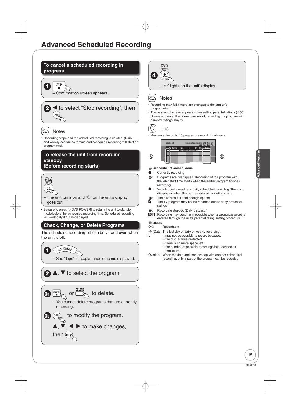 Advanced scheduled recording, W to select “stop recording”, then, E, r to select the program | Or to delete | Panasonic DMR-EZ17 User Manual | Page 15 / 72