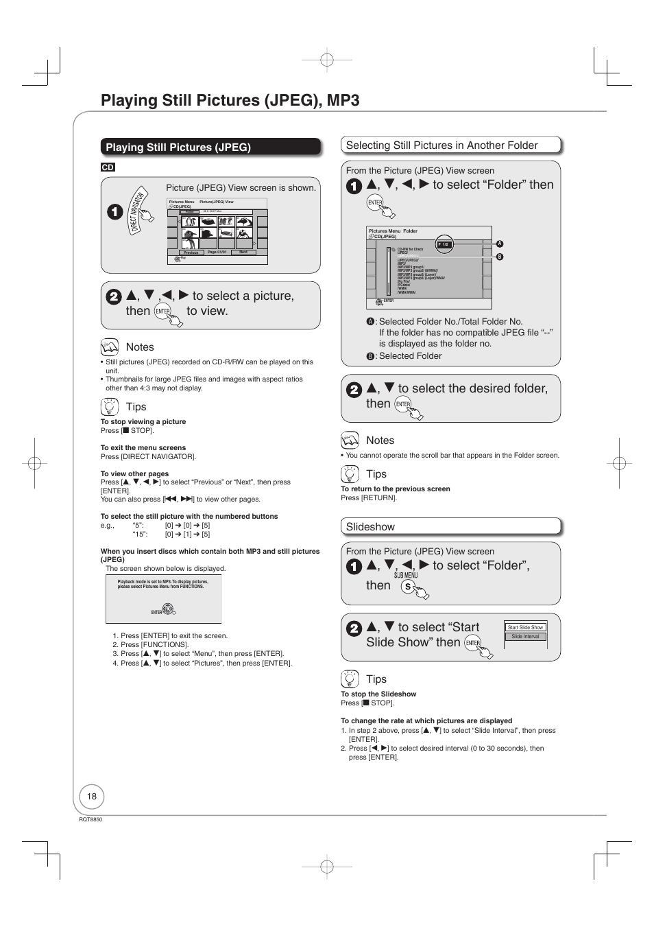 Playing still pictures (jpeg), mp3, E, r ,w, q to select a picture, then to view, E, r, w, q to select “folder” then | E, r to select the desired folder, then, Playing still pictures (jpeg), Tips, Selecting still pictures in another folder, Slideshow, Picture (jpeg) view screen is shown, Selected folder | Panasonic DMR-EZ17 User Manual | Page 18 / 72