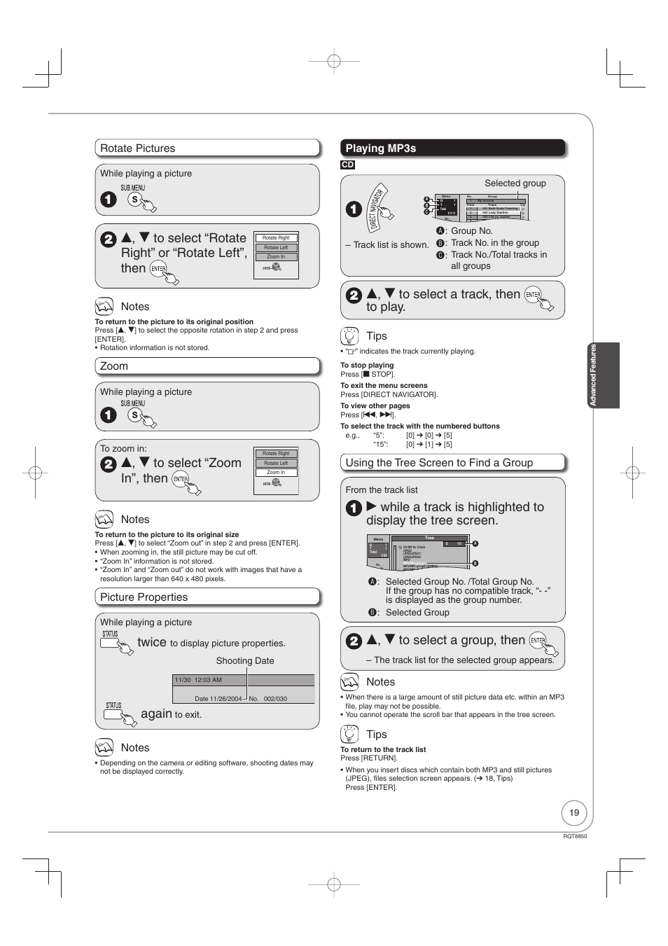 E, r to select “zoom in”, then, Twice, Again | E, r to select a track, then to play, E, r to select a group, then, Rotate pictures, Zoom, Picture properties, Playing mp3s, Tips | Panasonic DMR-EZ17 User Manual | Page 19 / 72