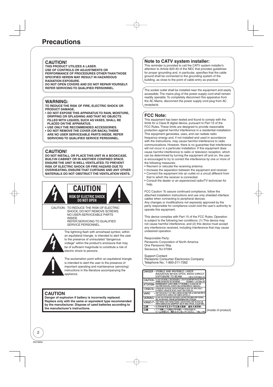 Getting started, Precautions, Caution | Panasonic DMR-EZ17 User Manual | Page 2 / 72