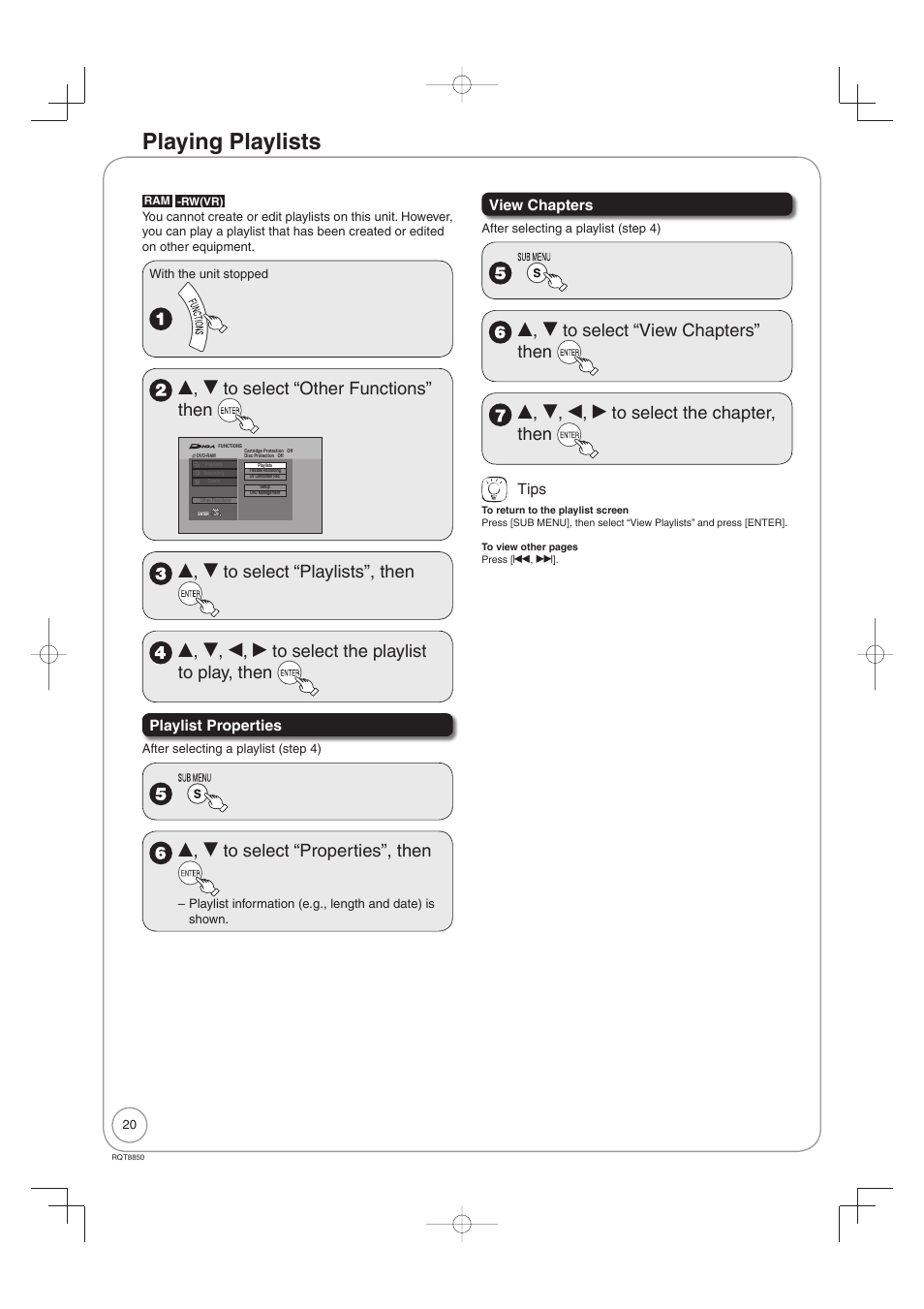 Playing playlists, E, r to select “other functions” then, E, r to select “properties”, then | Panasonic DMR-EZ17 User Manual | Page 20 / 72