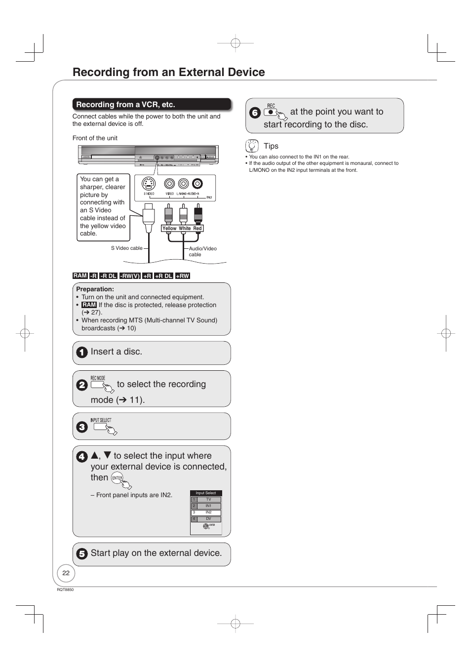 Recording from an external device | Panasonic DMR-EZ17 User Manual | Page 22 / 72