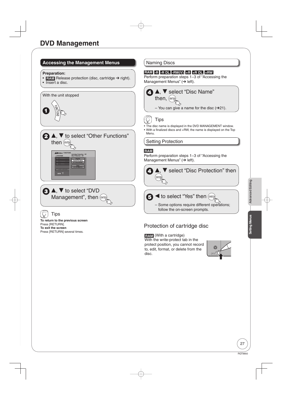 Setting menus, Dvd management, E, r to select “other functions” then | E, r to select “dvd management”, then, E, r select “disc name” then, Protection of cartridge disc | Panasonic DMR-EZ17 User Manual | Page 27 / 72