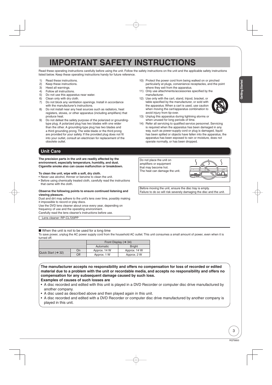 Important safety instructions, Unit care | Panasonic DMR-EZ17 User Manual | Page 3 / 72