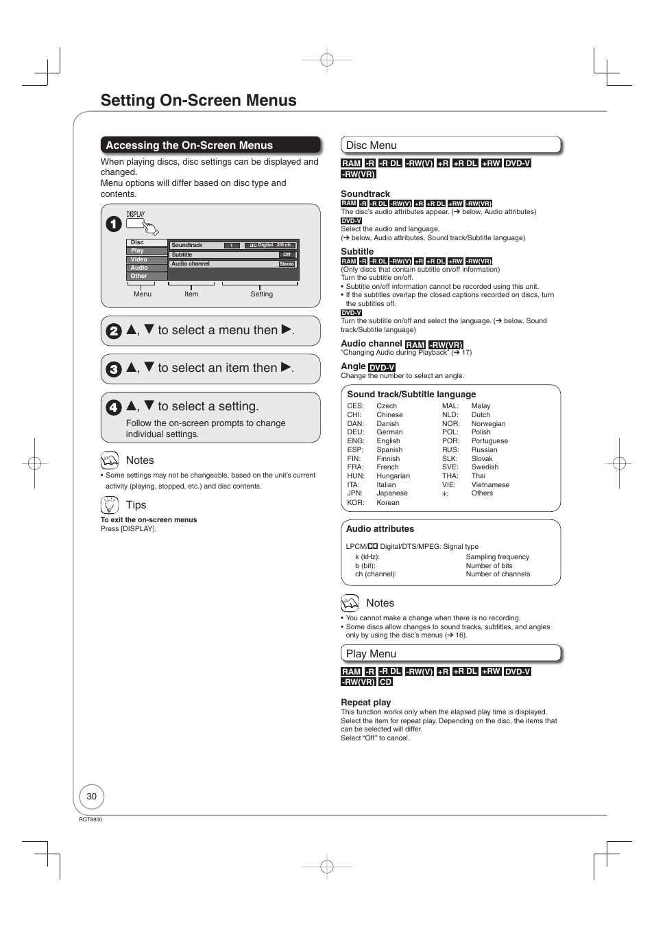 Setting on-screen menus, Accessing the on-screen menus, Tips | Disc menu, Play menu | Panasonic DMR-EZ17 User Manual | Page 30 / 72